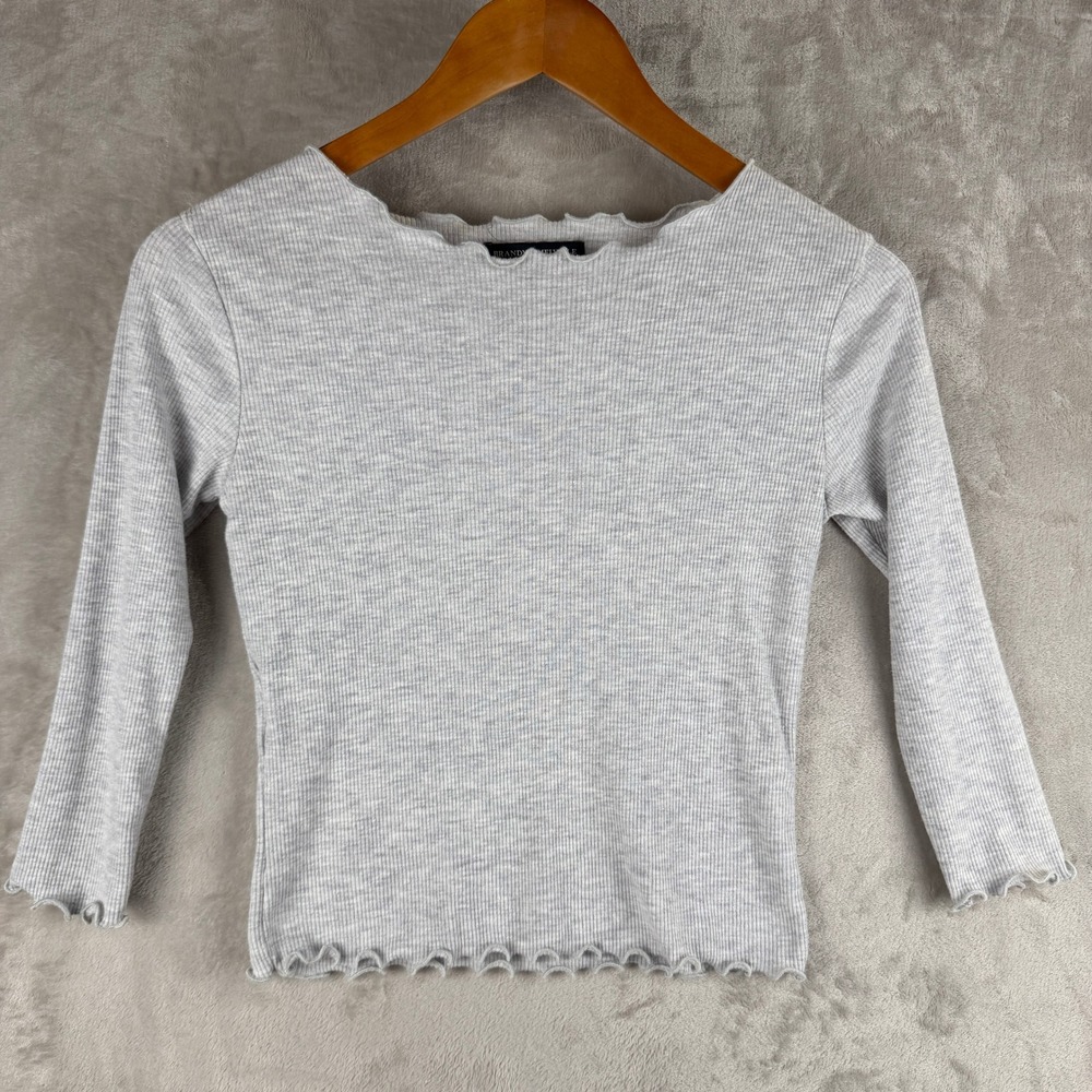 Brandy Melville Grey Ribbed Long Sleeve Lettuce Trim Top Heather Grey One Size